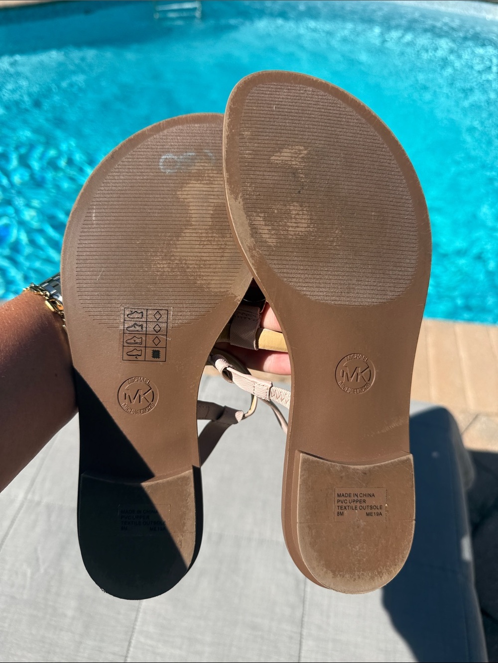 Michael Kors Blush Pink T-Strap Sandals with Gold MK Emblems - Picture 2 of 2